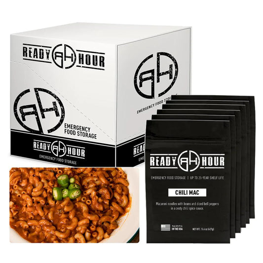 ready hour chili mac case pack individual pack black chili mac with jalapenos on top in white bowl