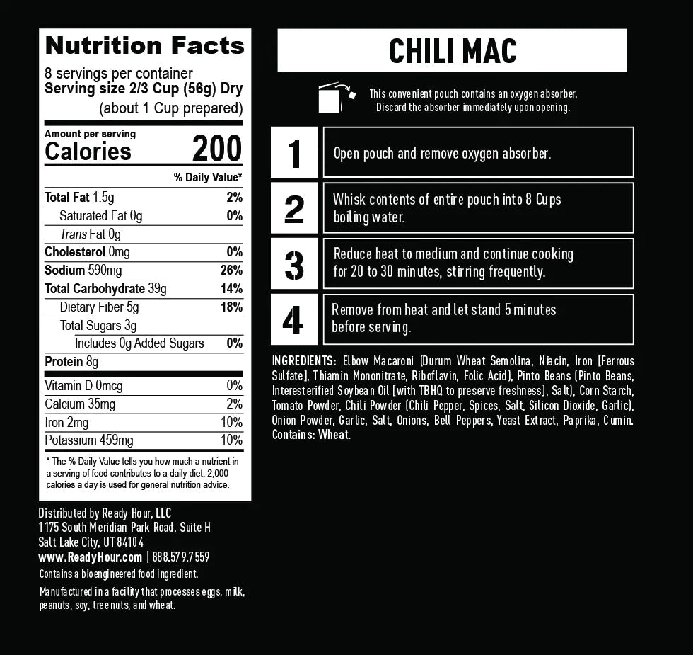 ready hour chili mac nutritional information and directions