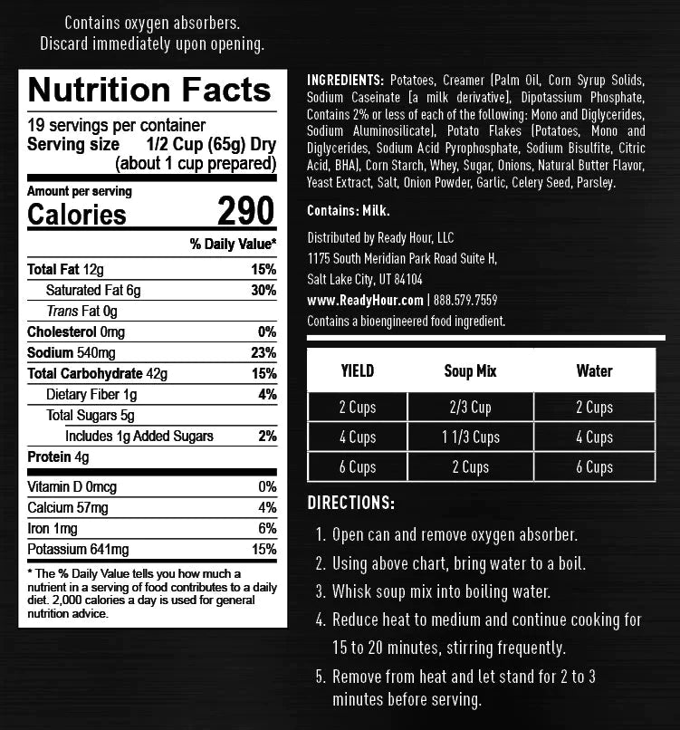 ready hour #10 can homestyle potato soup nutritional information and directions