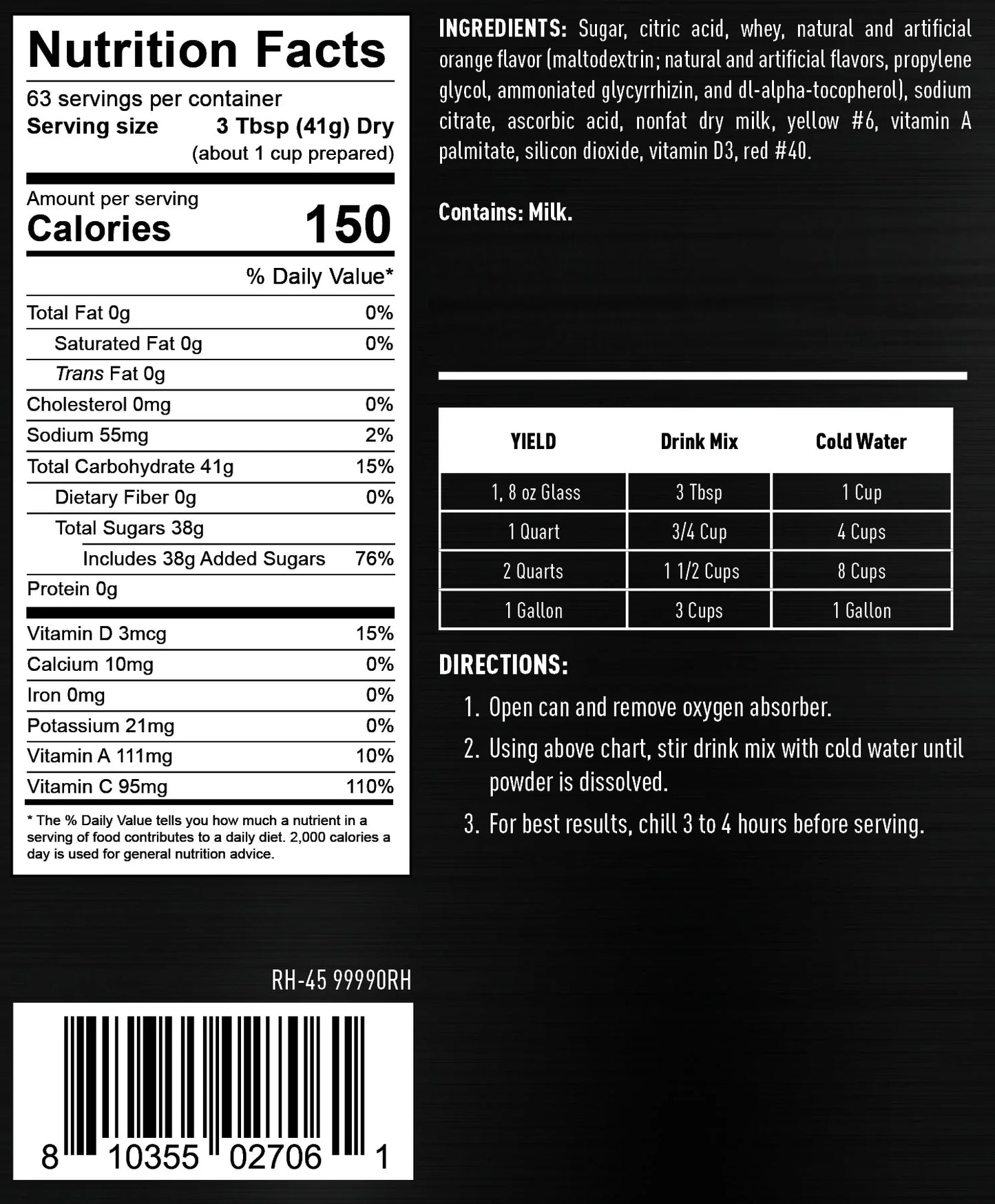 ready hour #10 can orange energy drink mix nutritional information and directions