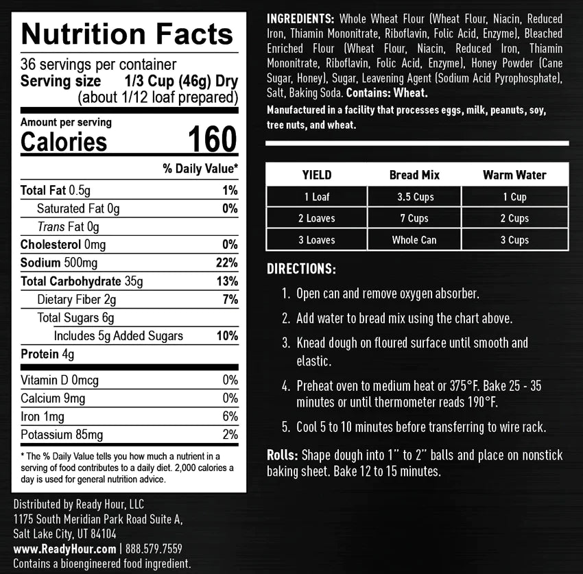 ready hour #10 can honey wheat bread nutritional information and directions