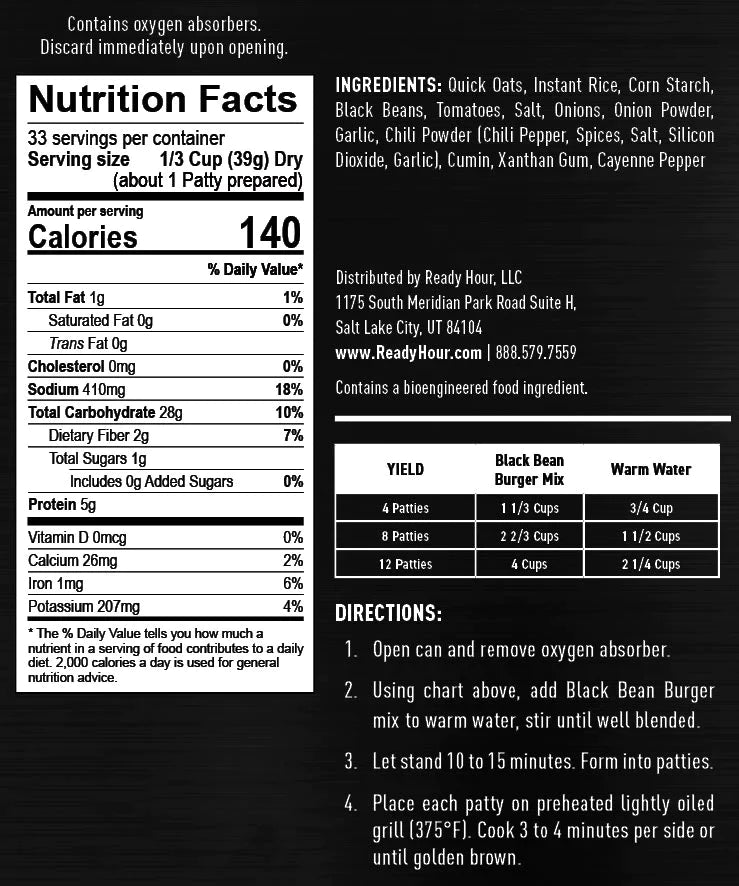 ready hour #10 can black bean burger patty nutritional information and directions