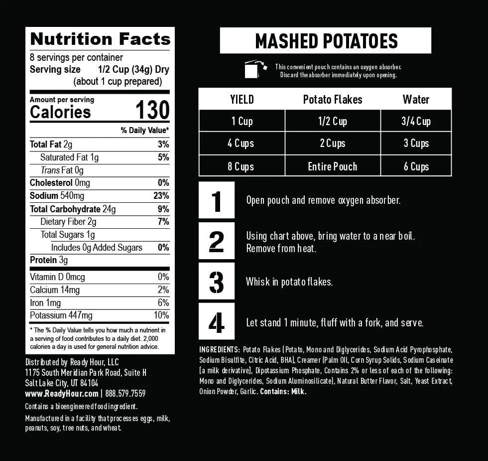 ready hour mashed potatoes case pack nutritional information