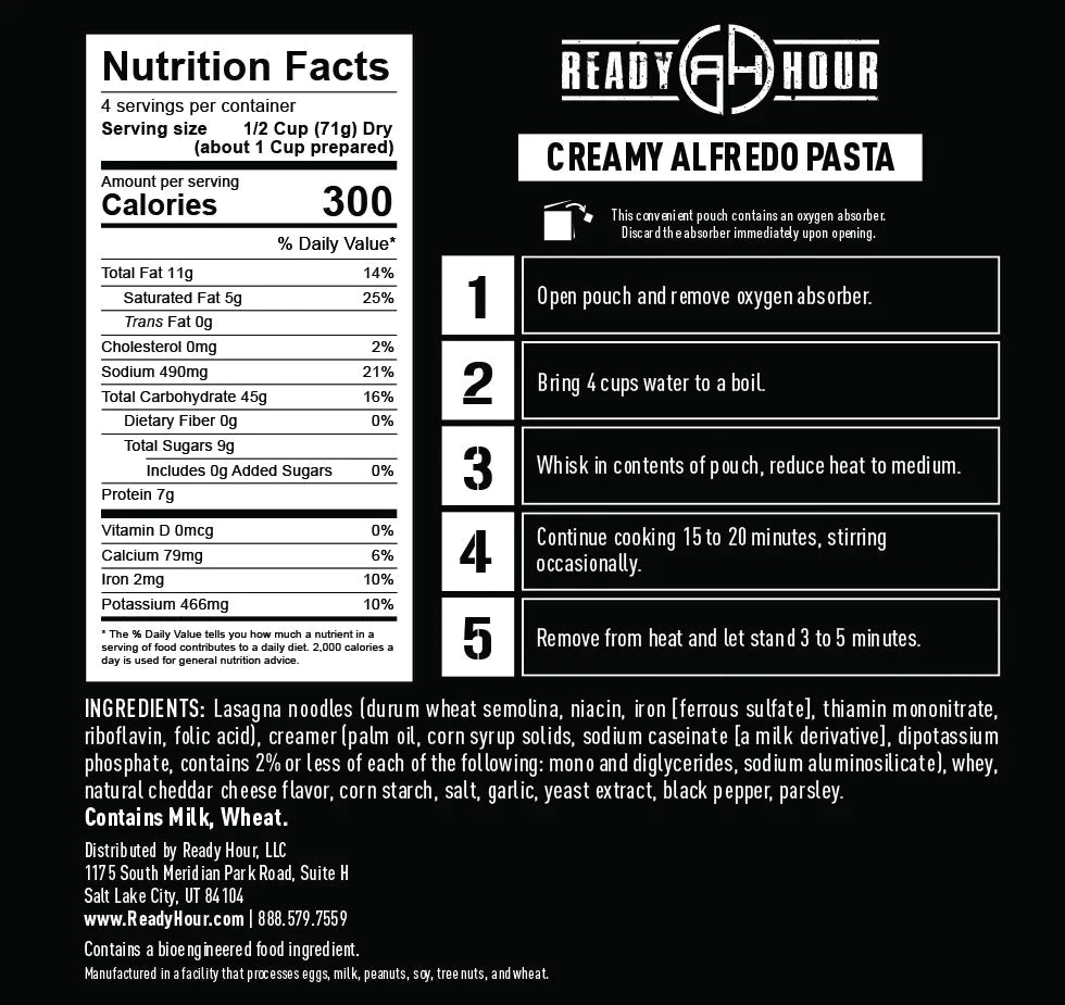 ready hour creamy alfredo pasta nutritional information and directions