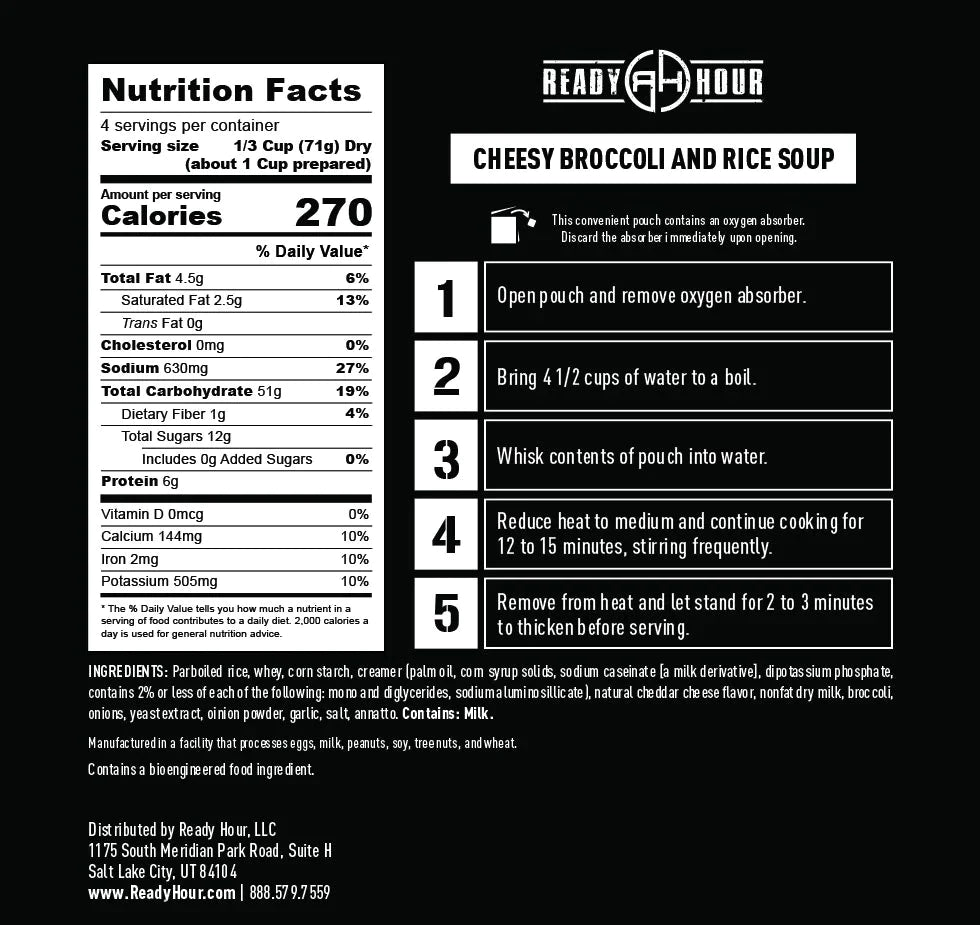 ready hour cheesy broccoli and rice soup nutritional information and directions