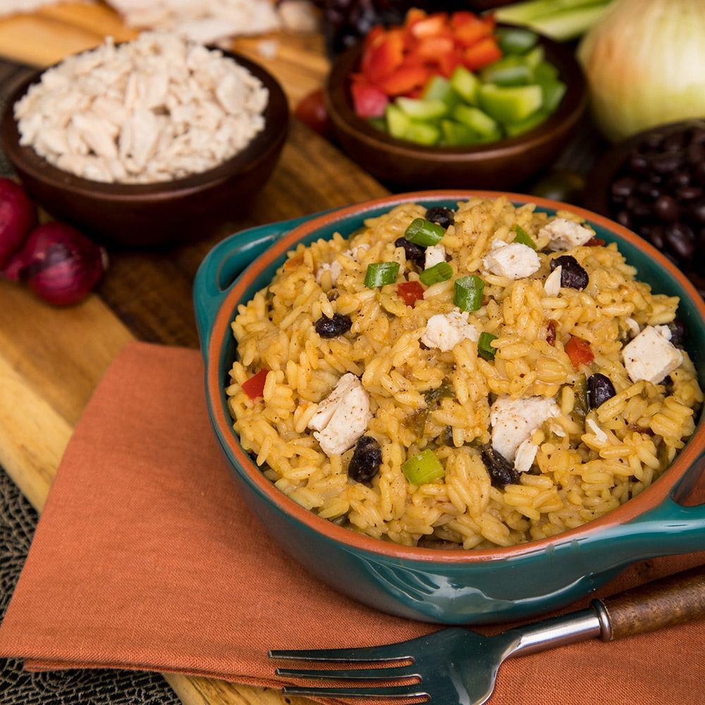 ready hour mega protein kit black beans and diced chicken featured in rice in teal bowl with chicken and veggies