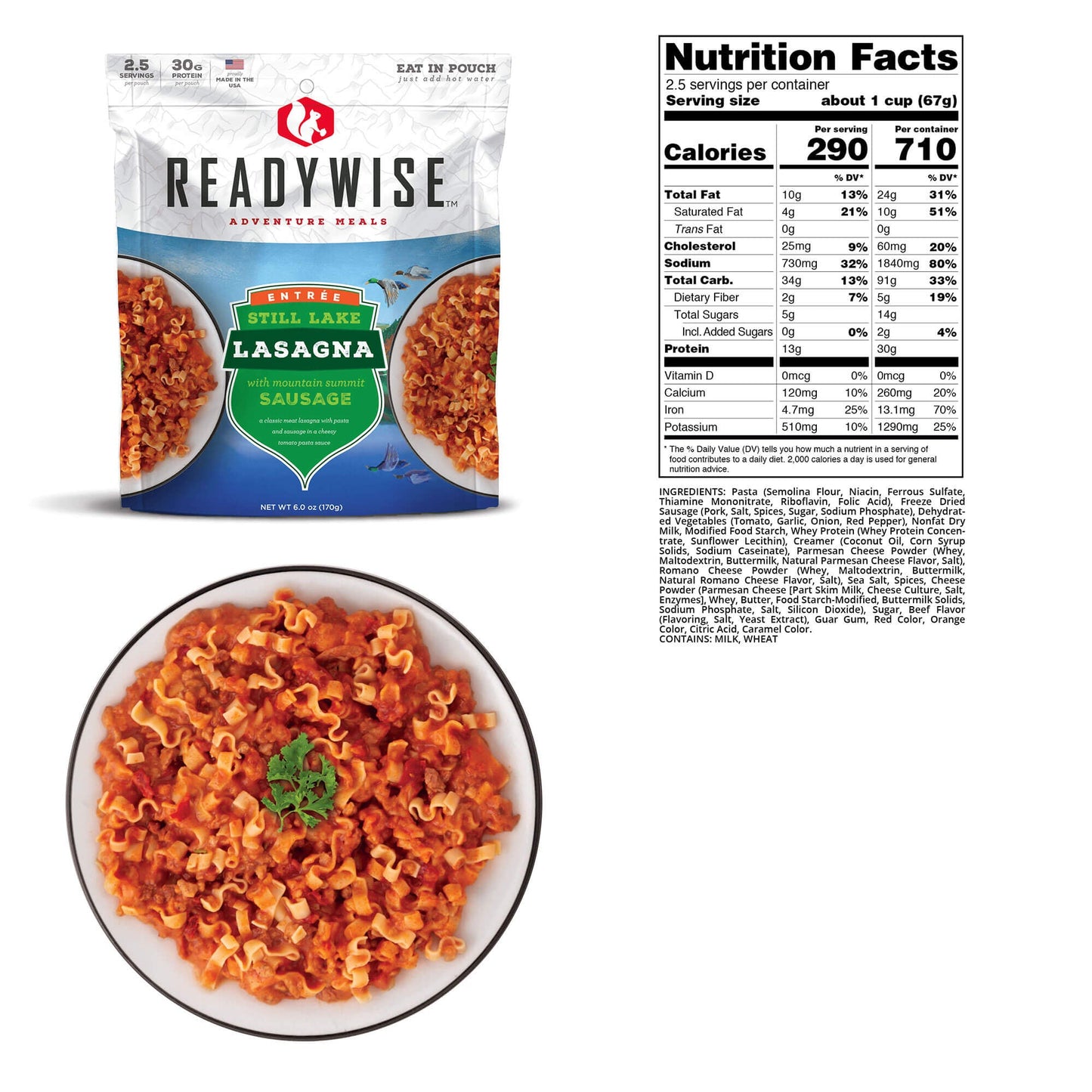 readywise adventure meals 2 day adventure bag lasagna nutritional information