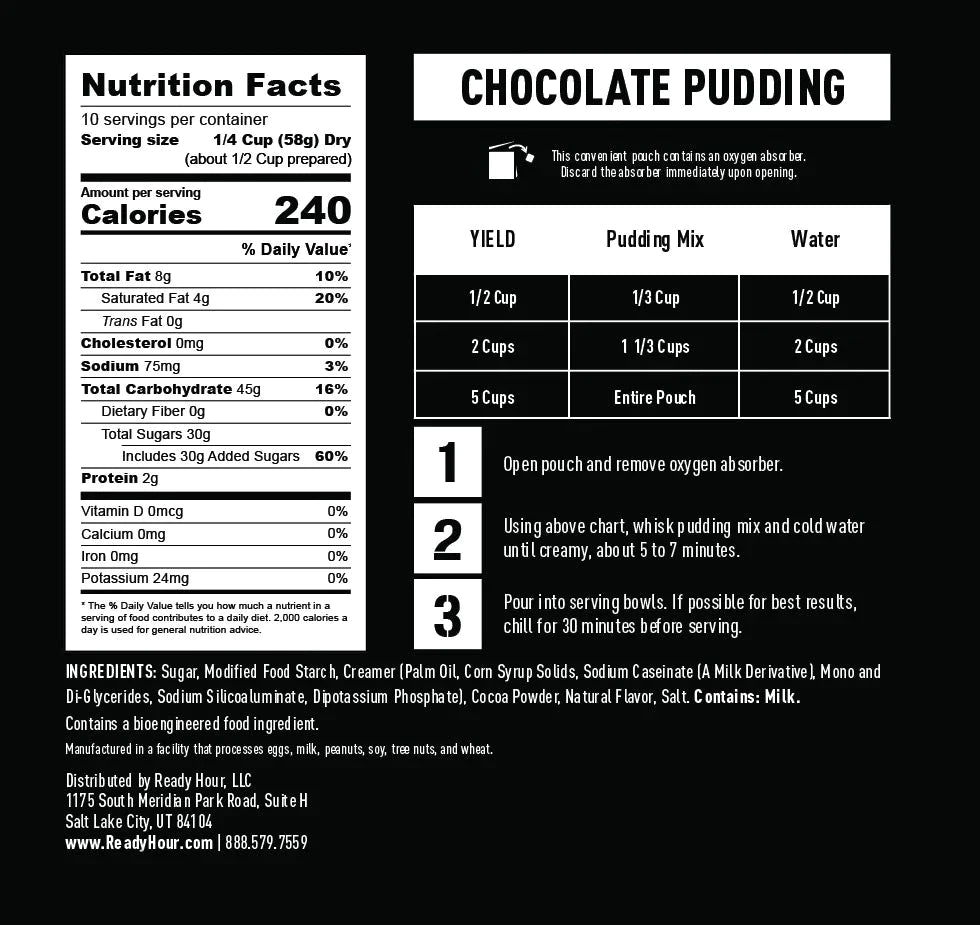 ready hour chocolate pudding nutritional information and directions