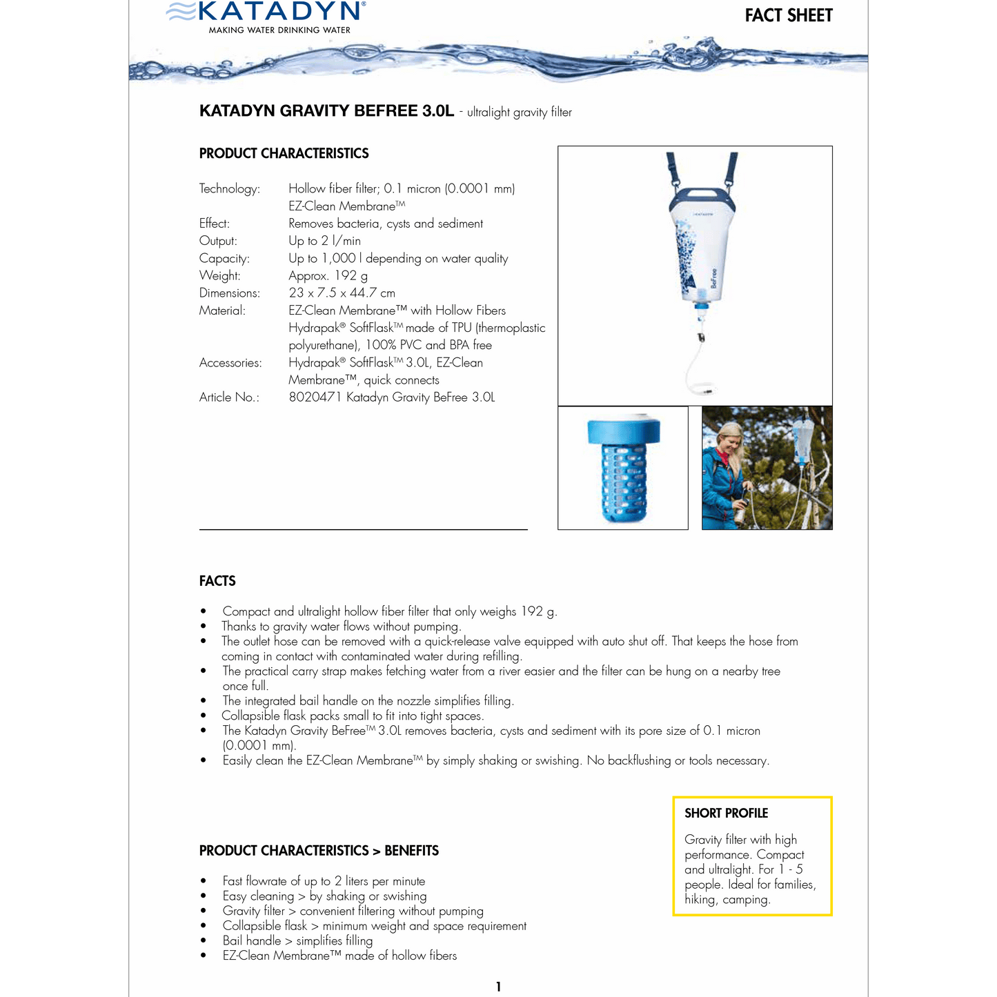 Katadyn BeFree Gravity Water Filtration System 3.0L USA