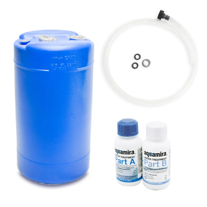 Blue 15 Gallon Water Storage Tank with water treatment and hose