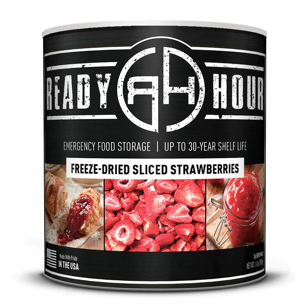 ready hour #10 can freeze dried sliced strawberries black cover featuring dried strawberries and strawberry jam images