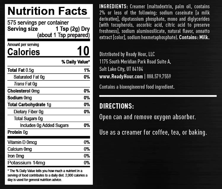 ready hour #10 can creamer nutritional information and directions