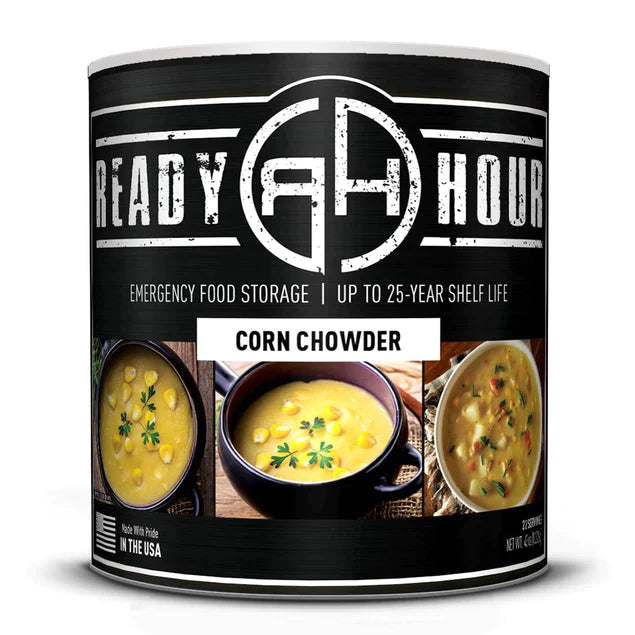 ready hour #10 can corn chowder black with corn chowder in different bowls on cover