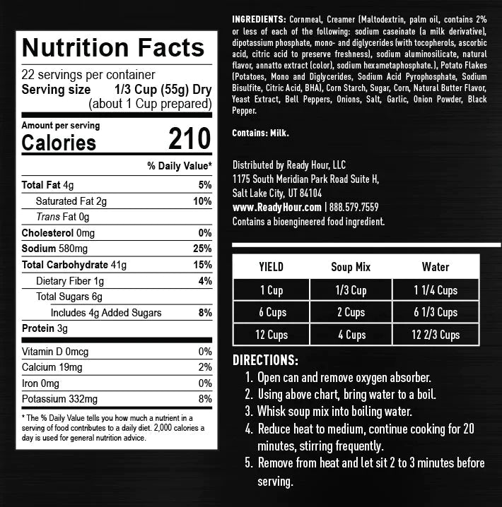 ready hour #10 can corn chowder nutritional information and directions