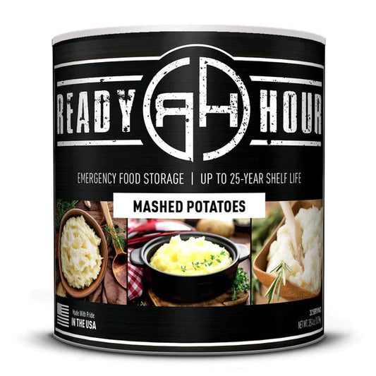 ready hour #10 can mashed potatoes black with mashed potatoes in three different dishes on cover