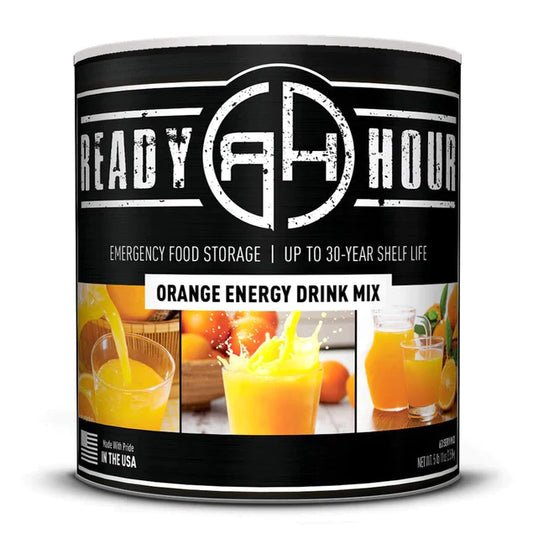 ready hour #10 can orange energy drink mix black with three different images of orange energy drink in glass