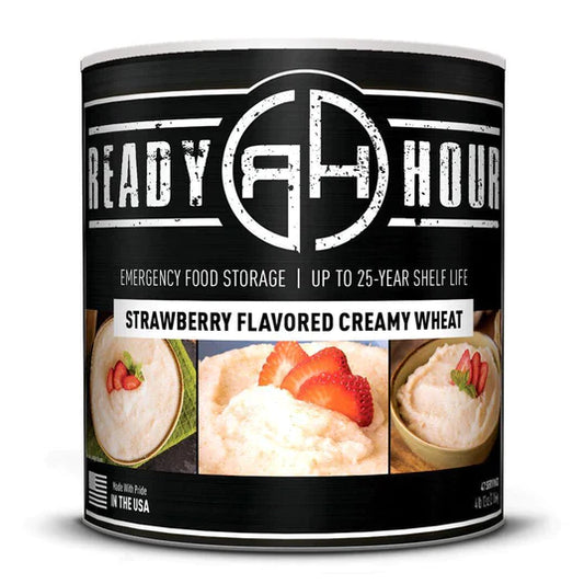 ready hour #10 can strawberry flavored creamy wheat black with up close image of product and two different bowls of product on cover