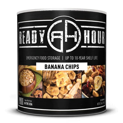 ready hour #10 can banana chips black with up close banana chips and banana chips in wooden bowl on cover