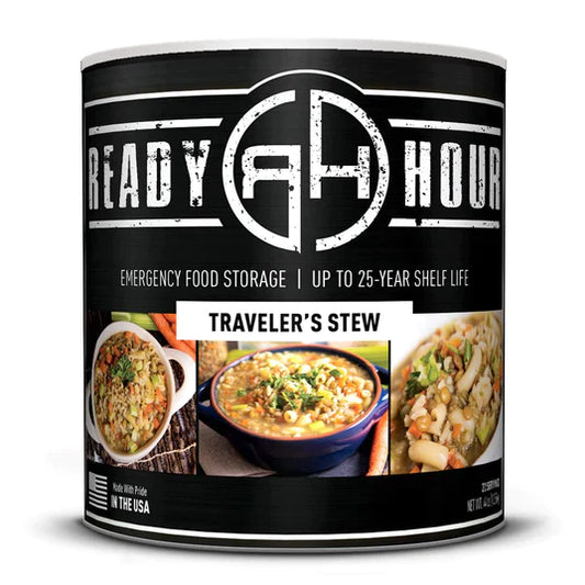 ready hour #10 can traveler's stew black with stew in three different bowls on cover