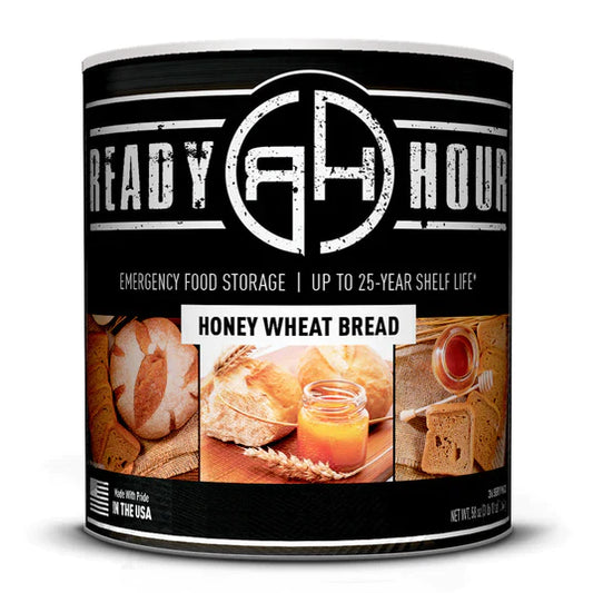 ready honey #10 can honey wheat bread black cover featuring three different images of honey wheat bread