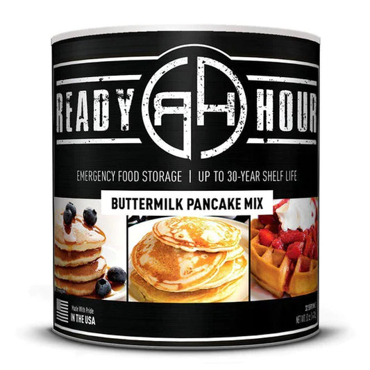 ready hour #10 can buttermilk pancake mix black cover featuring two images of pancakes and one image of waffles