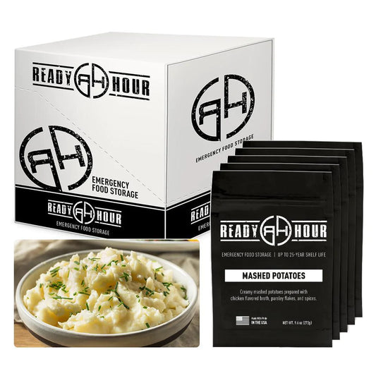 ready hour mashed potatoes case pack individual pack black and cooked mashed potatoes with chives on top