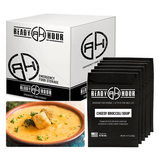 ready hour cheesy broccoli soup case pack individual pack black and cooked cheesy broccoli soup with croutons on top