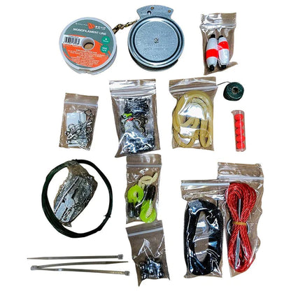 image showcasing products included in ready hour 127 piece fishing and hunting kit