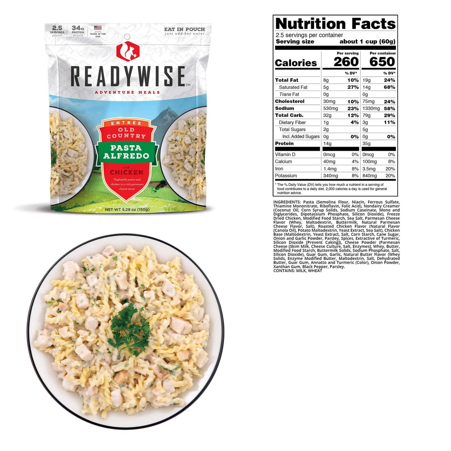 readywise adventure meals 3 day adventure kit with dry bag  pasta alfredo nutritional information