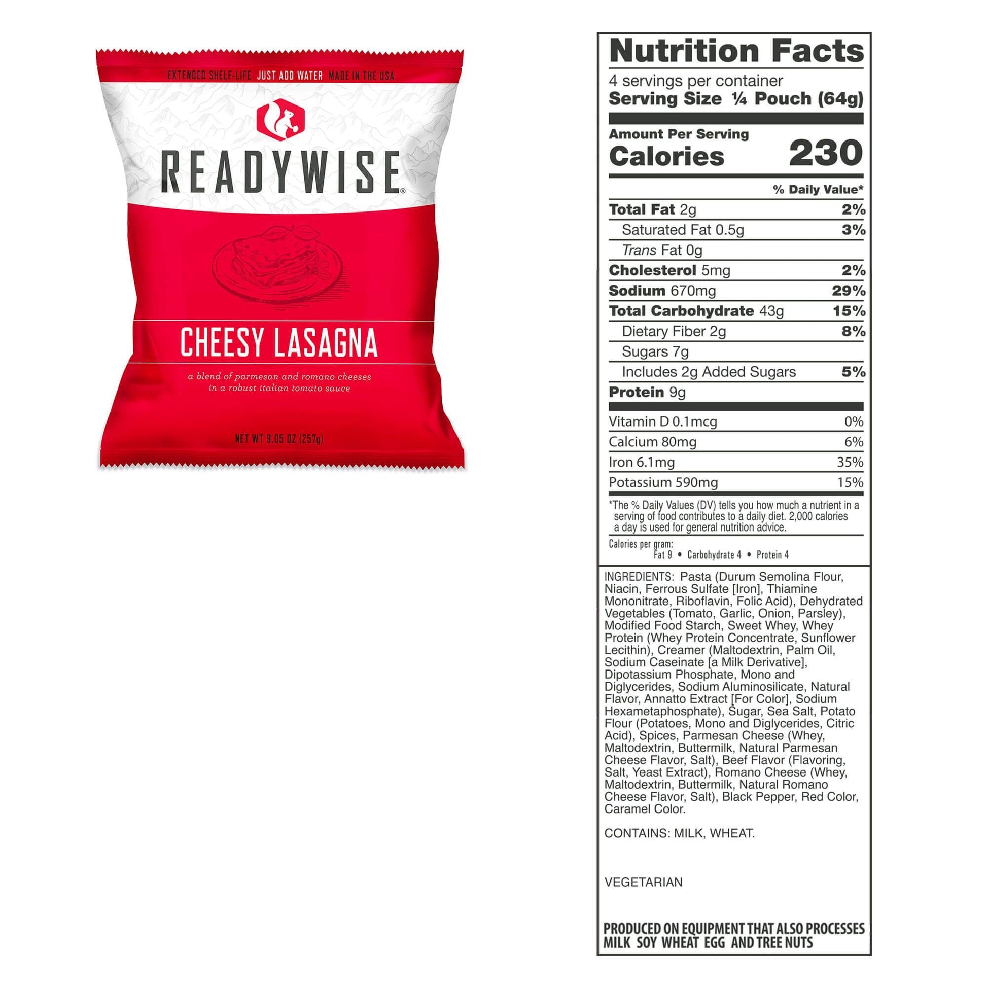 readywise emergency food supply 120 serving food bucket  cheesy lasagna nutritional information