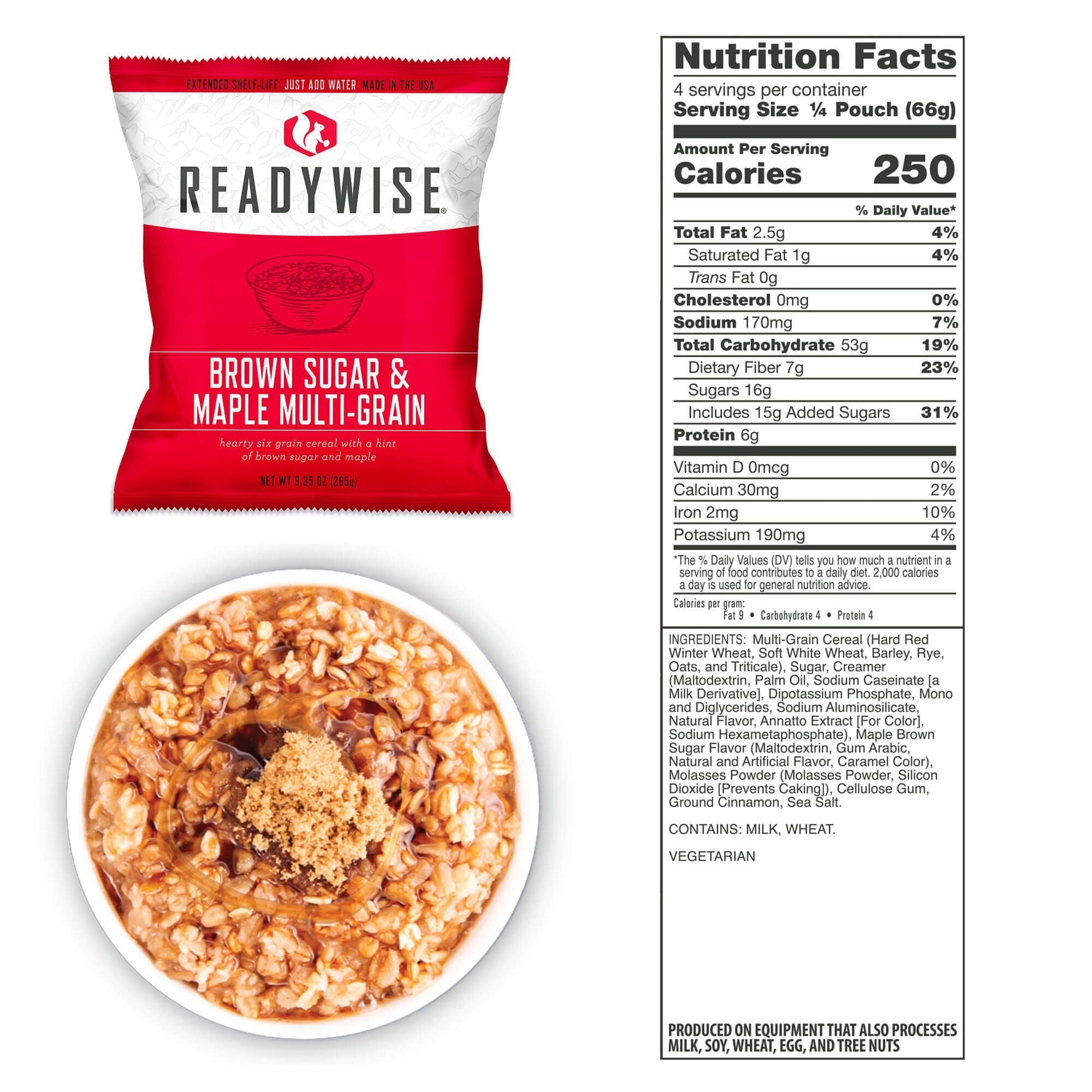 Readywise emergency food supply 120 serving breakfast bucket brown sugar and maple mutli-grain nutritional information