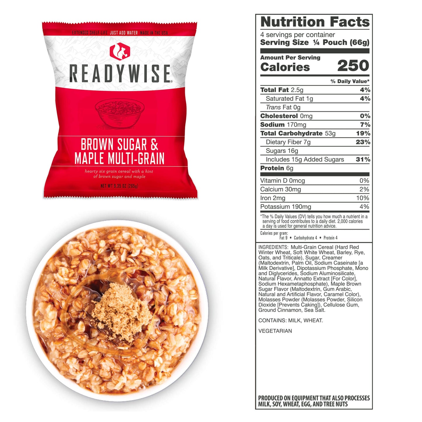 readywise emergency food supply 52 serving prepper pack food bucket brown sugar and maple multi-grain nutritional information