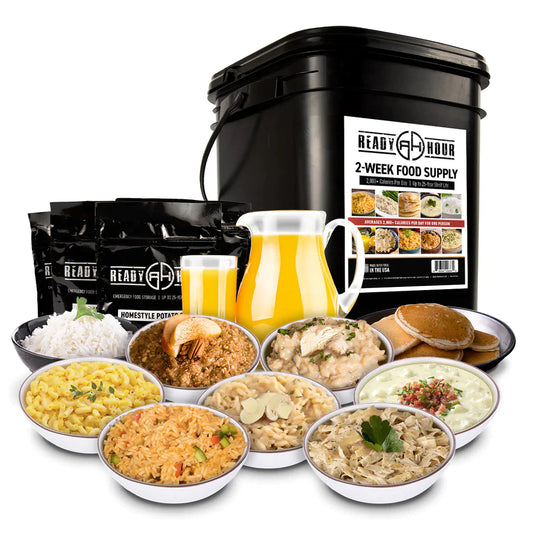 ready hour 2 week emergency food supply bucket individual packaging and featured dishes