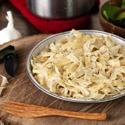 Creamy Alfredo Pasta in a steel dish