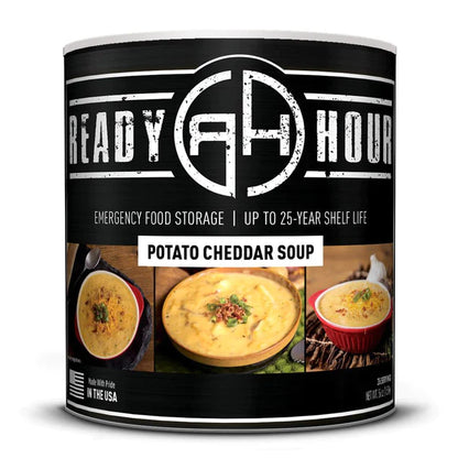 ready hour #10 can potato cheddar soup black with soup in multiple bowls on cover