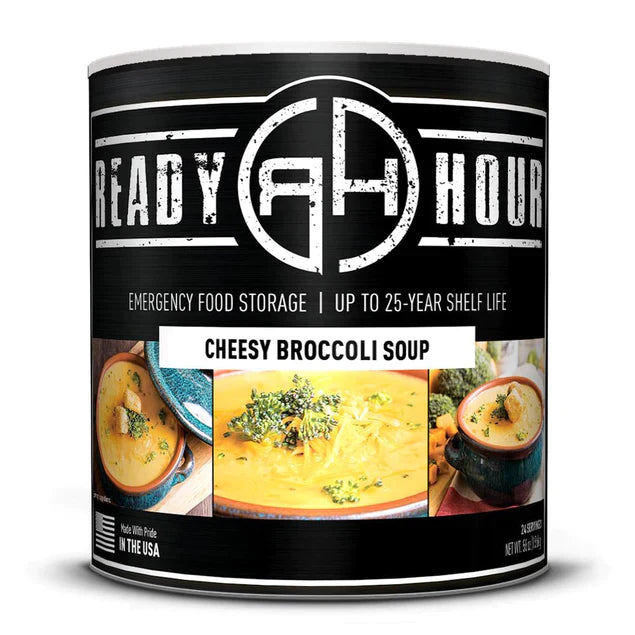 ready hour #10 can cheesy broccoli soup black with soup in three different bowls on cover